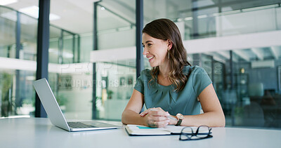 Buy stock photo Laptop, office and woman listening to webinar, virtual training and company productivity lecture. Knowledge sharing, smile and employee with pc for online advice, optimization or development workshop