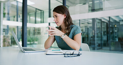 Buy stock photo Video call, laptop and businesswoman in office with online meeting for planning company budget. Communication, computer and female financial manager on virtual discussion for investment proposal.