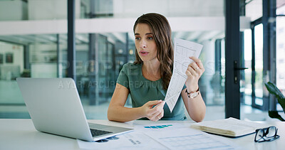 Buy stock photo Business woman, video call and laptop with documents for financial report or virtual chat in office. Female person, accountant or online meeting with computer or paper for company budget or expenses