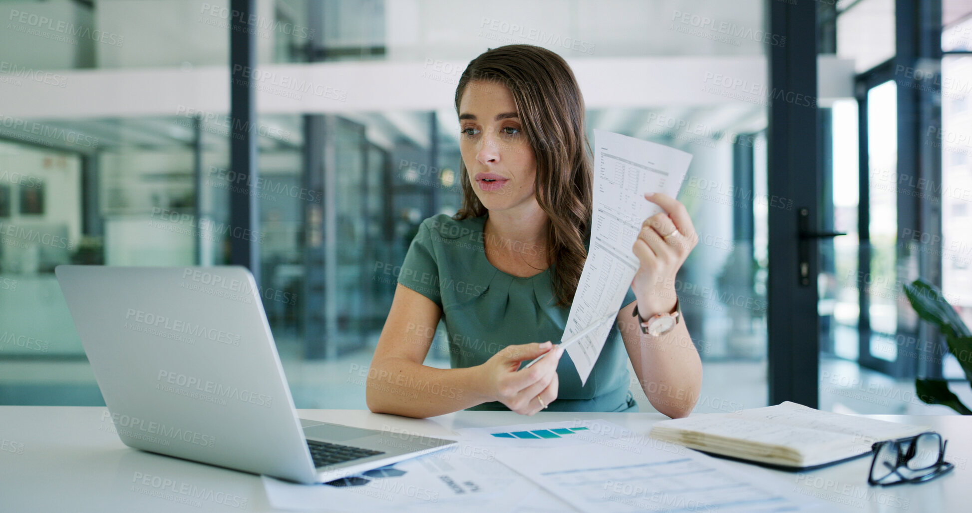 Buy stock photo Business woman, video call and laptop with documents for financial report or virtual chat in office. Female person, accountant or online meeting with computer or paper for company budget or expenses
