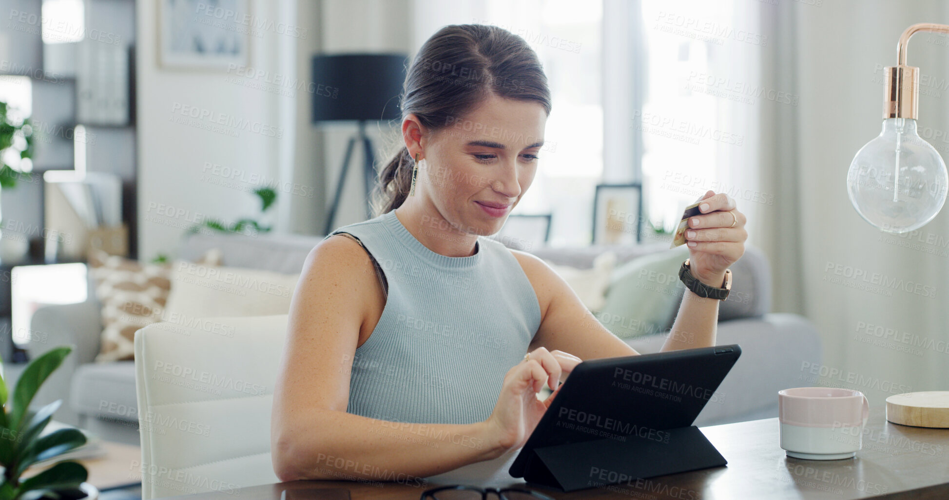 Buy stock photo Credit card, tablet and woman in home for online shopping, internet purchase and student payment. Ecommerce, technology and person with typing for application fee, scholarship or college funding