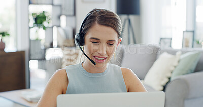 Buy stock photo Laptop, remote work and support with woman in living room of home for customer service or help. Computer, headset and smile of freelance employee in apartment for communication or virtual assistance