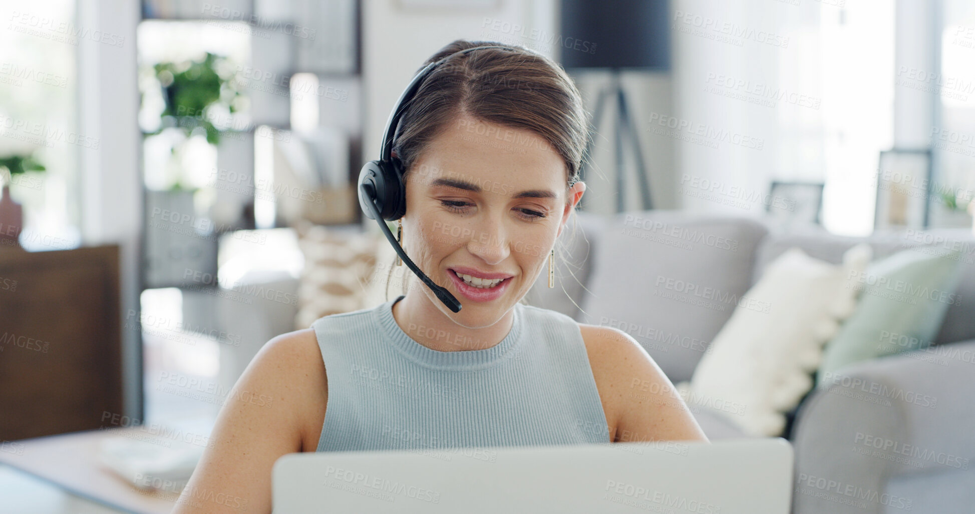 Buy stock photo Laptop, remote work and support with woman in living room of home for customer service or help. Computer, headset and smile of freelance employee in apartment for communication or virtual assistance
