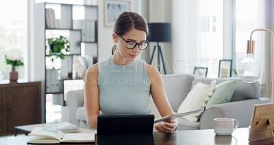 Buy stock photo Reading, laptop and freelancer with woman in home for article release schedule, planning and documents. Fact check research, remote worker and online feedback with person in apartment for report