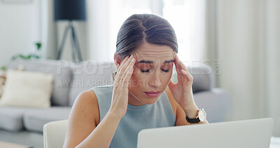 Buy stock photo Headache, laptop and remote work with woman in living room of home for small business burnout. Computer, migraine and stress with freelance employee in apartment for startup error, fail or mistake