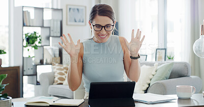 Buy stock photo Success, laptop and freelancer with woman in home for article release schedule, good news and approval. Fact check research, remote worker and feedback bonus with person in apartment for report