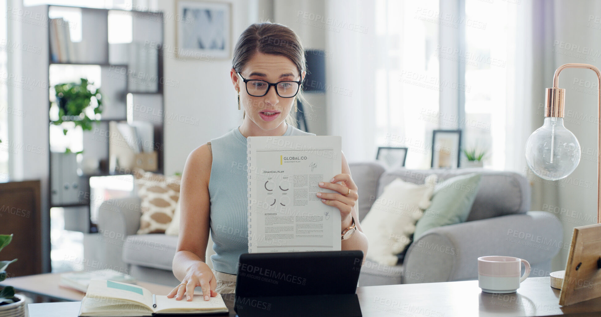 Buy stock photo Remote work, tablet and woman with documents, video call and discussion with financial solutions. Home, person and employee with paperwork, online consultation and report for global economy process