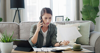 Buy stock photo Stress, woman and documents with phone call at house for enquiry, financial debt and payment error. Confused, person and paperwork with mobile to contact bank, finance statement and concern for bills