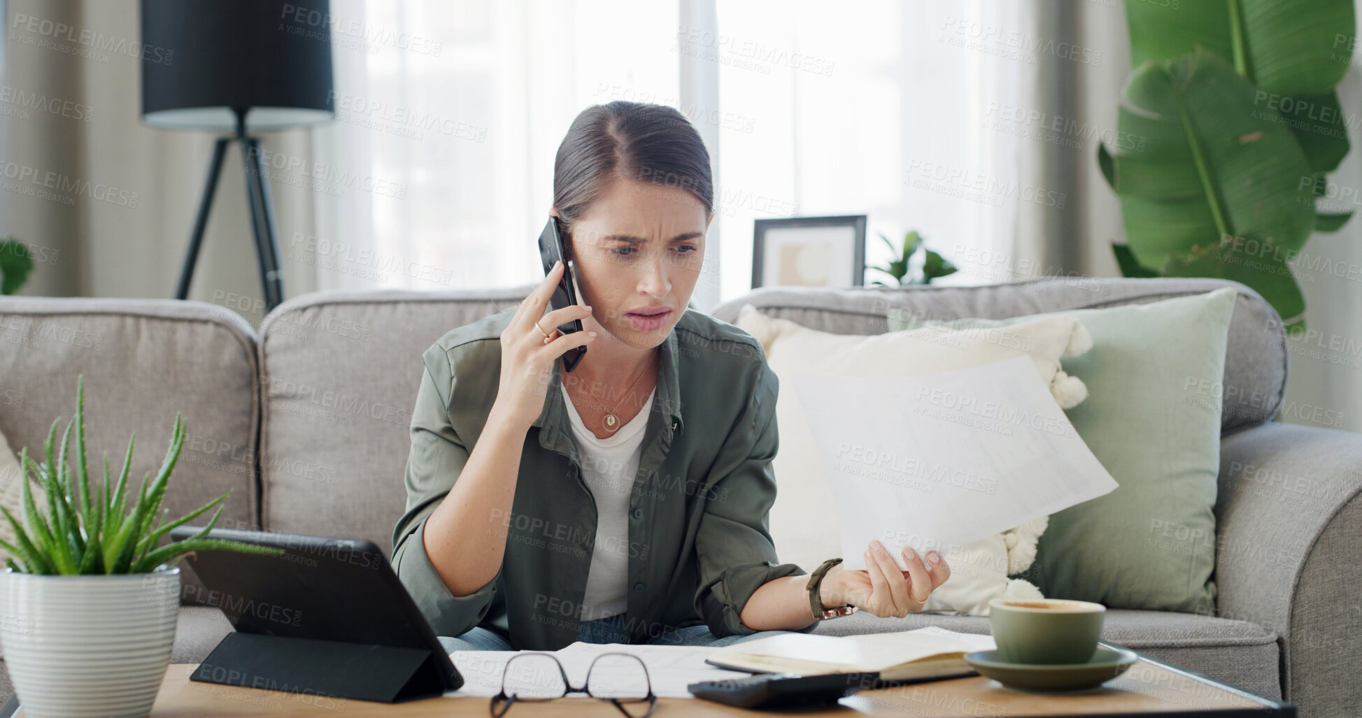 Buy stock photo Stress, woman and documents with phone call at house for enquiry, financial debt and payment error. Confused, person and paperwork with mobile to contact bank, finance statement and concern for bills