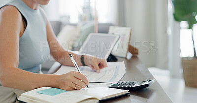 Buy stock photo Calculator, writing and budget with hands of person in home for savings, account paperwork and tax filing. Finance report, audit bills and salary balance with woman in apartment for banking invoice