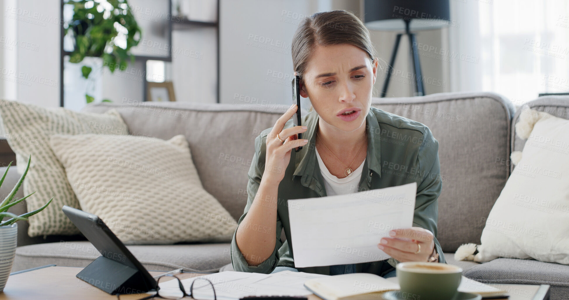 Buy stock photo Woman, talking and document with phone call at house for enquiry, financial debt and payment error. Confused, person and paperwork with mobile to contact bank, finance statement and concern for bills