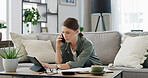 Woman, tablet and documents with phone call at house for enquiry, financial debt and payment error. Confused, person and paperwork with mobile to contact bank, finance statement and concern for bills