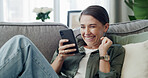 Woman, scroll and laugh on sofa with phone for text message, social media chat or communication. Person smile, reading and typing on couch with tech for mobile app, internet and conversation in home.