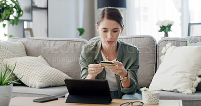 Buy stock photo Credit card, tablet and woman on sofa for online shopping, internet purchase and student payment. Ecommerce, technology and person in home lounge for application fee, scholarship or college funding