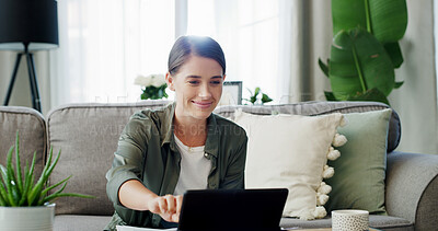 Buy stock photo Streaming, smile and woman on sofa with tablet, scroll and search for digital entertainment. Flare, video choice and female person at house with tech, multimedia and online show in binge session.