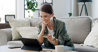 Buy stock photo Credit card, tablet and woman with smile for online shopping, internet purchase and student payment. Ecommerce, tech and person on home sofa for application fee, scholarship or college funding