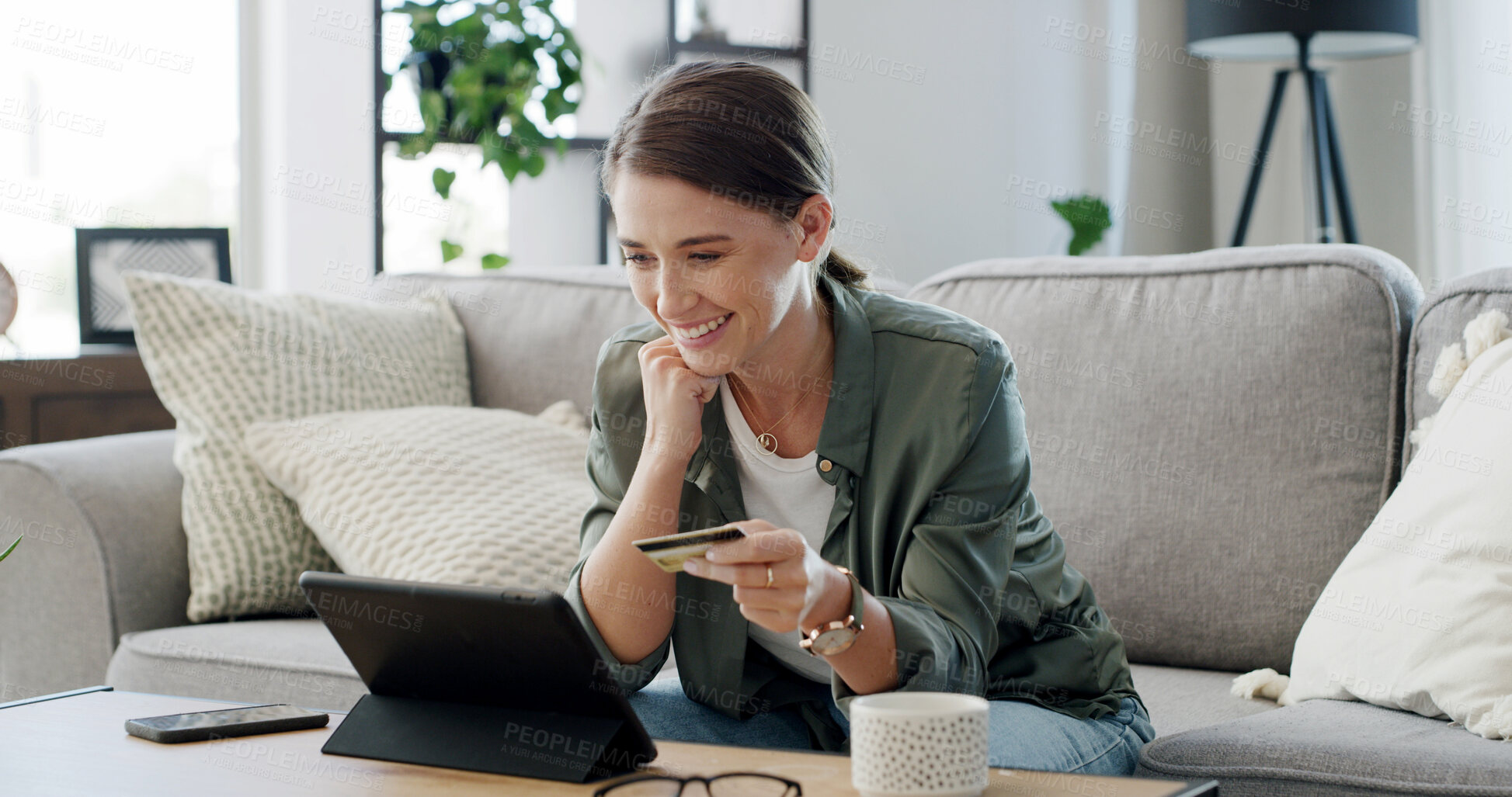 Buy stock photo Credit card, tablet and woman with smile for online shopping, internet purchase and student payment. Ecommerce, tech and person on home sofa for application fee, scholarship or college funding