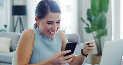 Buy stock photo Phone, credit card and excited woman in home for payment, online shopping or discount deal. Mobile, debit and person in lounge with money for ecommerce, purchase and investment with virtual banking