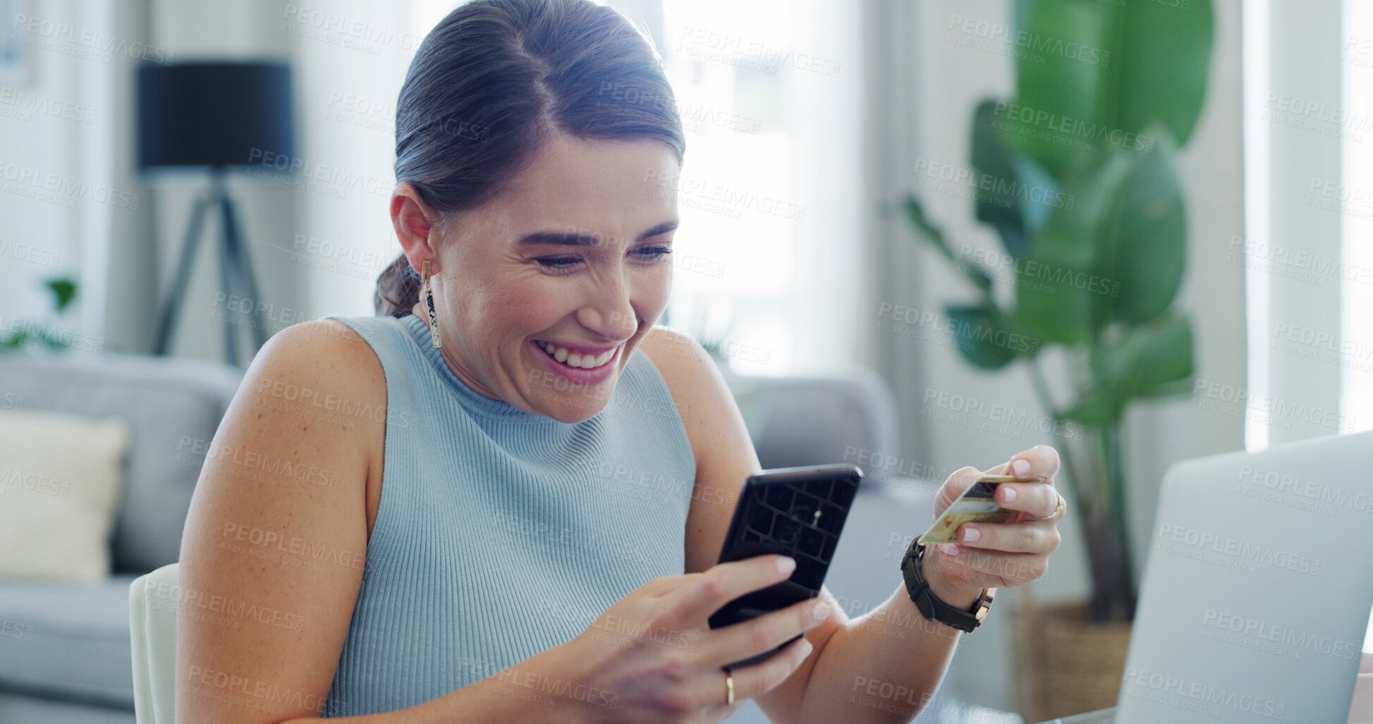 Buy stock photo Phone, credit card and excited woman in home for payment, online shopping or discount deal. Mobile, debit and person in lounge with money for ecommerce, purchase and investment with virtual banking
