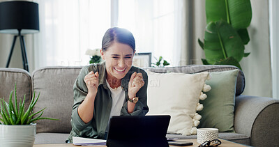 Buy stock photo Excited, fist pump and woman with tablet on sofa in home for winning, bonus or success with gambling. Happy, digital technology and female person with good news for achievement with lottery in house.