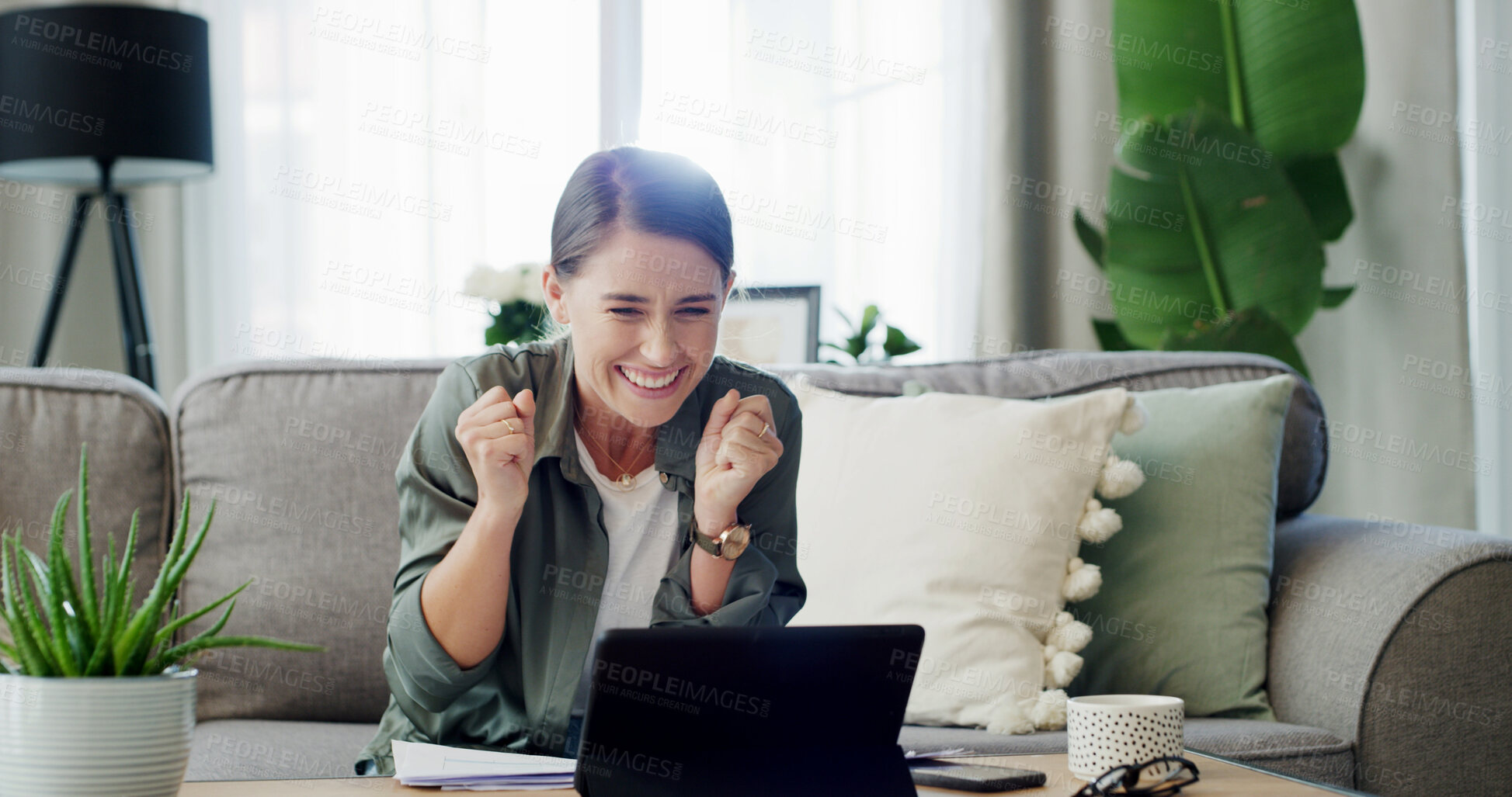 Buy stock photo Excited, fist pump and woman with tablet on sofa in home for winning, bonus or success with gambling. Happy, digital technology and female person with good news for achievement with lottery in house.
