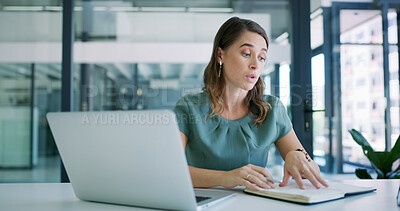 Buy stock photo Woman, laptop and notebook for research in office for copywriting, editing or newsletter. Person, writer or editor with tech and reading for creative website, business news or email for report