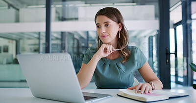 Buy stock photo Woman, laptop and thinking for research in office for copywriting, editing or newsletter. Person, writer or editor with tech and notebook for creative website, reading or email for business news