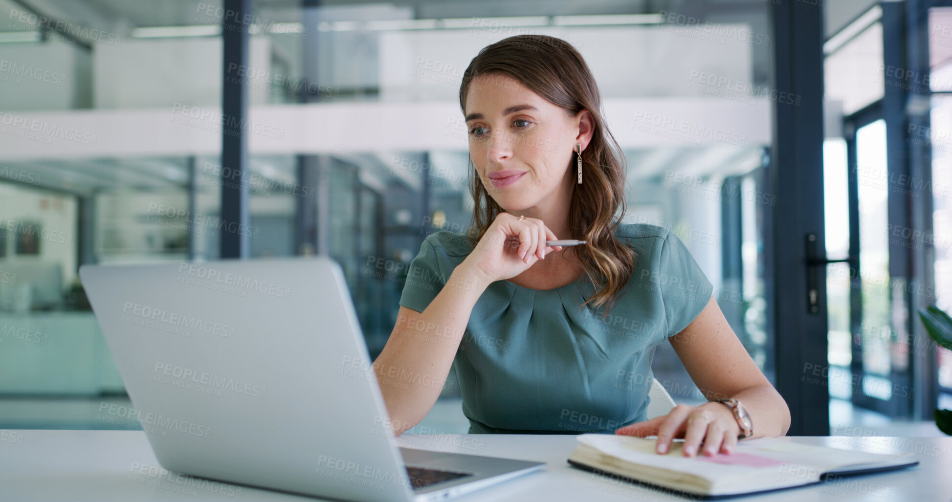 Buy stock photo Woman, laptop and thinking for research in office for copywriting, editing or newsletter. Person, writer or editor with tech and notebook for creative website, reading or email for business news