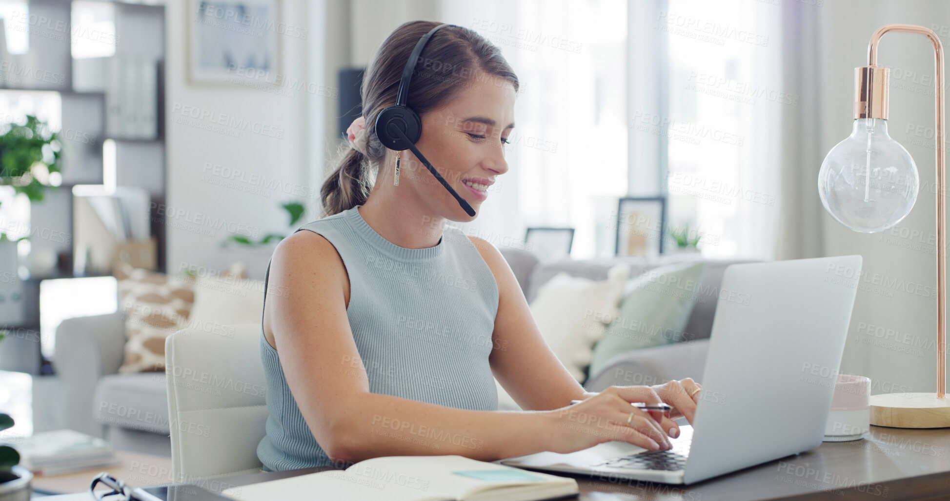Buy stock photo Headset, laptop and woman typing in home living room for customer service or remote work. Communication, computer and support with of freelance employee in apartment for help as virtual assistant
