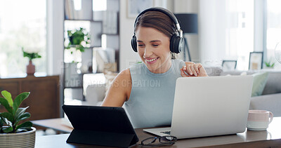 Buy stock photo Headset, remote work and technology with woman in living room of home for customer service or support. Communication, laptop and smile of freelance employee in apartment for help as virtual assistant