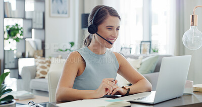 Buy stock photo Headset, laptop and support with freelance woman in living room of home for customer service. Communication, computer and smile of remote work employee in apartment for help or virtual assistance
