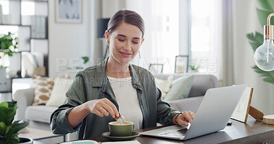 Buy stock photo Coffee, laptop and remote work with happy woman snacking in home living room for small business startup. Computer, drink and smile with freelance employee in apartment for treat as entrepreneur