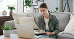 Notebook, laptop and businesswoman in home with remote work for finance report with budget. Computer, research and female financial freelancer with information for investment deal online in apartment