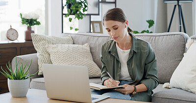 Buy stock photo Notebook, laptop and businesswoman in home with remote work for finance report with budget. Computer, writing and female financial freelancer with information for investment deal online in apartment