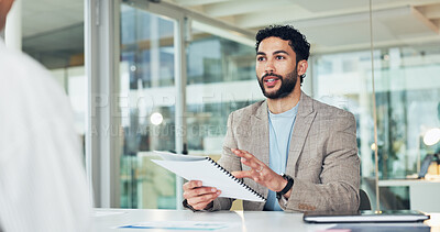 Buy stock photo Businessman, document and interview for discussion, hiring process or hr question in office meeting. Paperwork, recruiter and person talk to applicant for job opportunity, onboarding or review resume