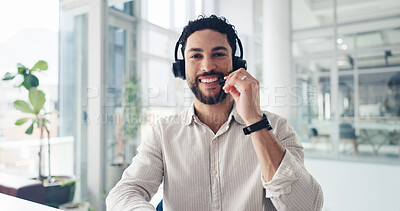 Buy stock photo Happy, businessman or portrait with headset for video call, customer service or online advice. Man, consultant or agent with smile or mic in POV for virtual assistance or communication in workplace