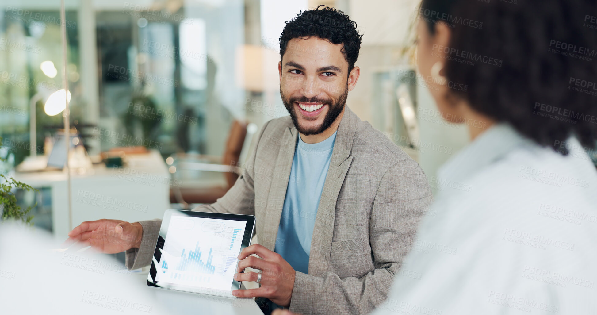 Buy stock photo Meeting, tablet and businessman with chart for financial profit, kpi or stock market. Team, screen or happy people with graphs for investment planning, risk management or trading discussion in office