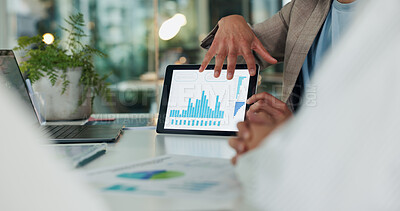 Buy stock photo Business people, tablet screen and hands with chart in meeting, kpi or stock market profit. Team, tech and analyst with graphs for investment planning, risk management or trading discussion in office