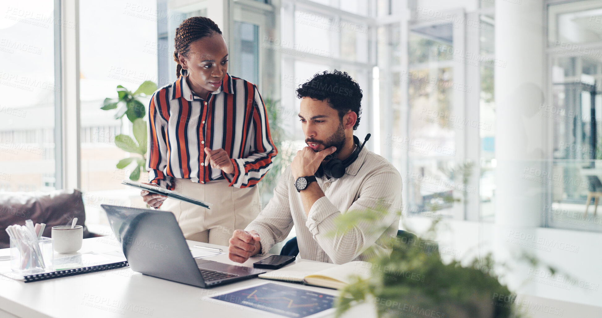 Buy stock photo Call centre, laptop or people in office with review, collaboration and telemarketing performance in sales. Discussion, tech or agent at desk with headset, lead generation or graph for crm management.