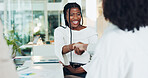 Office, handshake and women in meeting, laughing and collaboration for funding opportunity and deal. Happy, people and shaking hands for partnership, success and agreement for business development
