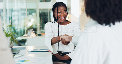 Buy stock photo Office, handshake and women in meeting, laughing and collaboration for funding opportunity and deal. Happy, people and shaking hands for partnership, success and agreement for business development