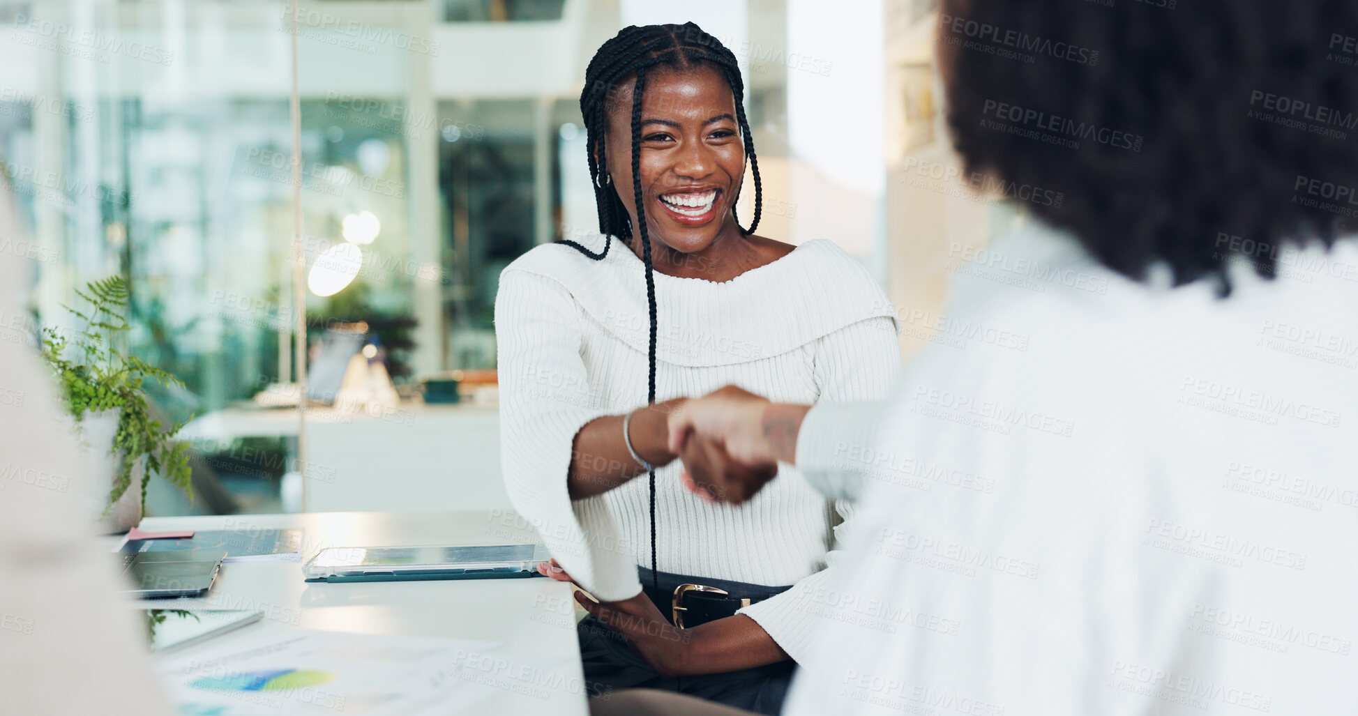 Buy stock photo Office, handshake and women in meeting, laughing and collaboration for funding opportunity and deal. Happy, people and shaking hands for partnership, success and agreement for business development
