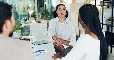 Buy stock photo Office, agreement and people in meeting, handshake and collaboration for funding opportunity or deal. Happy, team and shaking hands for partnership, colleagues and merger for business development