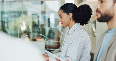 Buy stock photo Meeting, typing and business woman with team for financial review, planning or thinking. Group, problem solving and employees in conference room for investment presentation, idea or office workshop