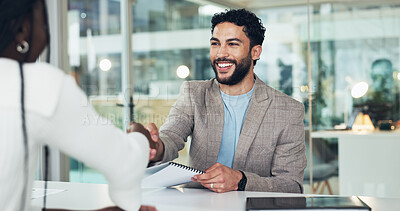 Buy stock photo Office, deal and people in meeting, handshake and collaboration for funding opportunity or agreement. Happy, man and shaking hands with woman for partnership, team and merger for business development