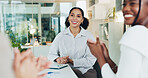 Business, applause and woman with happiness, celebration and financial agency with success. People, investor and employee with promotion clapping and bonus with achievement, goals and congratulations