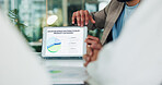 Hands, tablet screen and charts at sales meeting in office, discussion and review with team at startup. Business people, speaker and tech with graphs, application and feedback with stats at agency