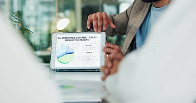 Buy stock photo Hands, tablet screen and charts at sales meeting in office, discussion and review with team at startup. Business people, speaker and tech with graphs, application and feedback with stats at agency