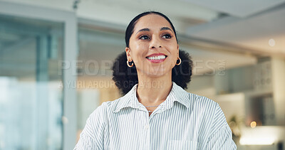 Buy stock photo Business, thinking and woman in office, smile or copywriting with contemplation. Person, creative or journalist in workplace, daydreaming or problem solving with magazine publication, choice or idea