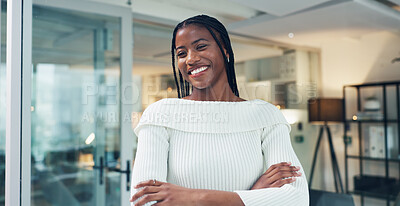 Buy stock photo Business, thinking and black woman with smile, arms crossed or copywriting with inspiration. African person, creative or journalist with ideas, solution or problem solving with magazine publication